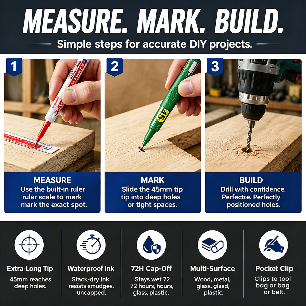 🛠️ Deep Hole Marker Pen – 20mm Long Reach Tip for Precise DIY & Woodworking Marks